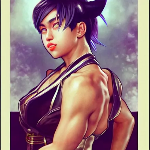 Image similar to miley cyrus as chun li from street fighter, high kick 4 k, ultra realistic, detailed focused art by artgerm and greg rutkowski and alphonse mucha