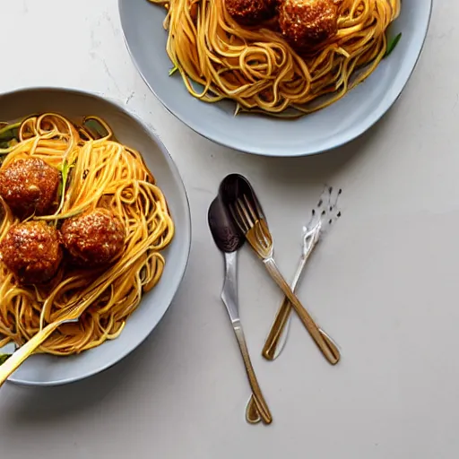 Prompt: sphaghetti noodles with golden meatballs