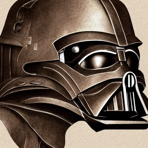 Image similar to steampunk reimagining of darth Vader’s helmet, concept art, character art, colorized pencil sketch, sepia