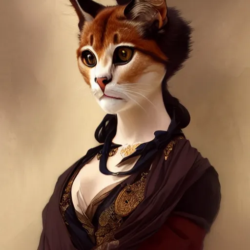 Image similar to portrait of caracal cat dressed in aristocratic clothing. elegant, highly detailed, digital painting, artstation, concept art, smooth, sharp focus, illustration, art by artgerm and greg rutkowski and alphonse mucha