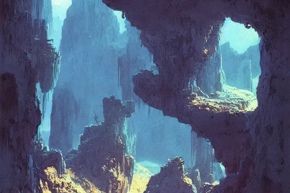 Prompt: i live in a cave, i live to create, by moebius and john harris, atmospheric blues, concept art, saturation 40