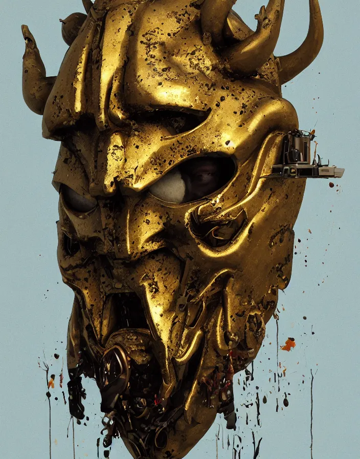 Image similar to Splatterpunk portrait of a golden minotaur mask in the style of greg rutkowski. halo. octane render, cinematic, hyper realism, octane render, 8k, depth of field, bokeh, fur, feathers, iridescent accents