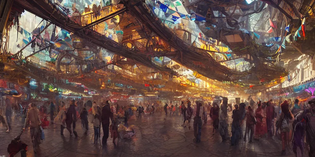 Prompt: a vibrant lively joyous marketplace on the edge of space, in a massive cavernous iron city, dappled light, tudor architecture, flags, colossal arcing metal structures high in the cavernous metal interior, sci - fi, beautiful, awe inspiring, by james gurney, greg rutkowski, sparth, thomas kinkaide, cinematography, misty, cinematic masterpiece