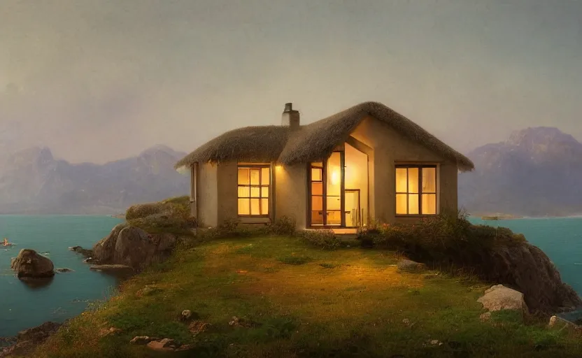 Prompt: small modern cottage overlooking the ocean, close up shot, at dusk, distant mountains, 4k, rule of thirds, extreme detail, hazy water, intricate ink illustration, trending on artstation, cgsociety, hd, calm, complimentary colours, realistic lighting, by Albert Bierstadt, Frederic Edwin Church.