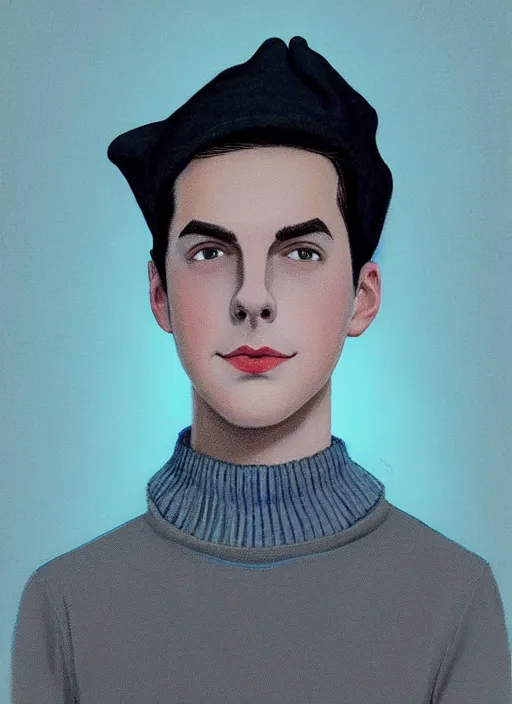 Image similar to portrait of teenage jughead jones wearing a light grey crown, crown, blue turtleneck, 1 9 5 0 s, closed eyes, photorealistic, black hair, glowing lighting, intricate, elegant, glowing lights, highly detailed, digital painting, artstation, concept art, smooth, sharp focus, illustration, art by wlop, mars ravelo and greg rutkowski