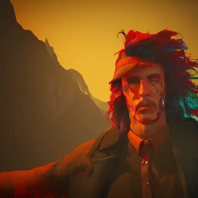 Image similar to a portrait of a bloody mysterious colorful cowboy in a mountain scenery, cartoon, unreal engine, octane render, artstation, digital art.