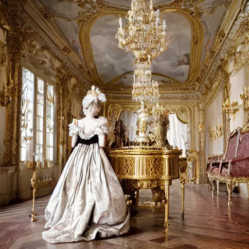 Image similar to marie antoinette in versailles, wow 4 k detail fantasy, matte painting, realistic materials, photo realistic, postprocessing, cinematic, hyperrealistic, studio lighting, ekaterina, the tudors, photography by richard jenkins