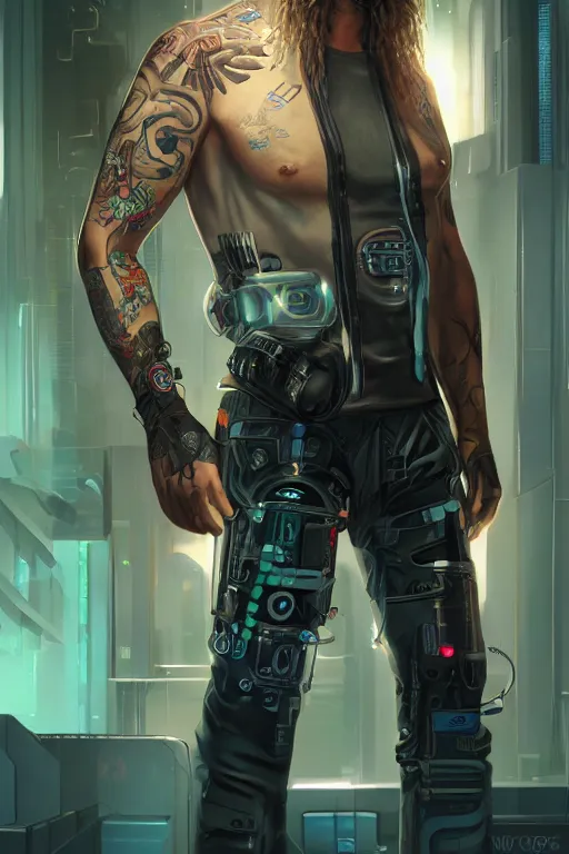 Image similar to a full body illustration of an male cyberpunk character wearing bionic implants, criminal mugshot, long hair, bearded, highly detailed, oil on canvas, soft lighting, neon pastel colors, by WLOP and Greg Staples, HD, 4K