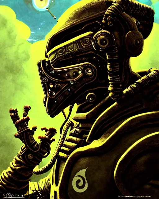 Image similar to a fed up cyber astro monk like from skyrim and elden ring and grand theft auto and overwatch, character portrait, portrait, close up, concept art, intricate details, extremely detailed, realistic vintage sci - fi poster, in the style of chris foss, rodger dean, moebius, michael whelan, lumi, and gustave dore