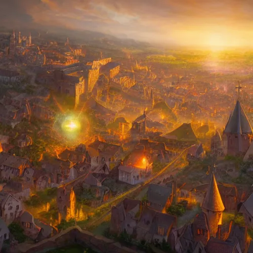 Prompt: aerial view of a medieval town situated below a glowing orb hanging in the sky. by alan lee by peter mohrbacher, trending on artstation sharp focus vfx key shot