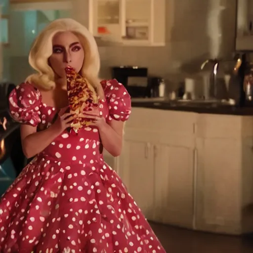 Prompt: a movie still of lady gaga wearing a pizza dress in a star is born