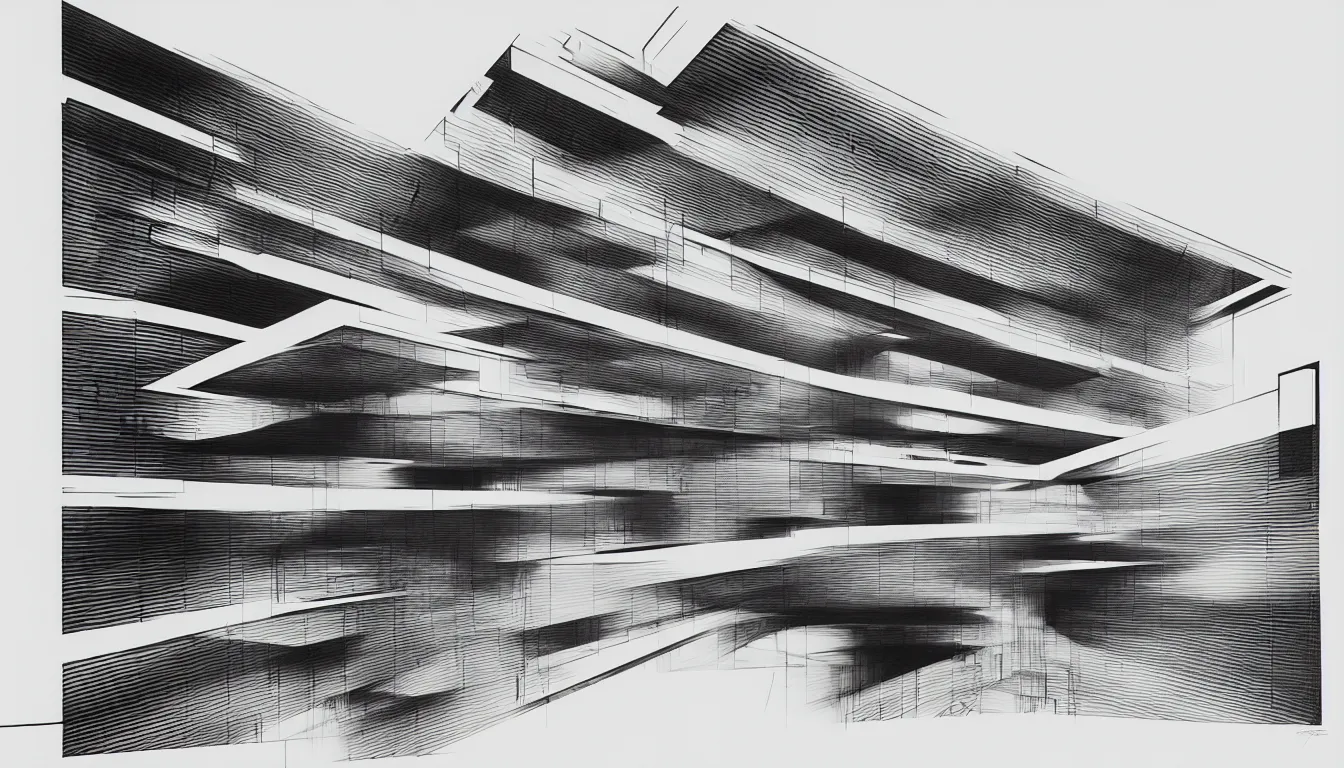 Image similar to a black and white drawing of a architectural elevation by zaha hadid, a screenprint by robert rauschenberg, behance contest winner, deconstructivism, da vinci, constructivism, greeble