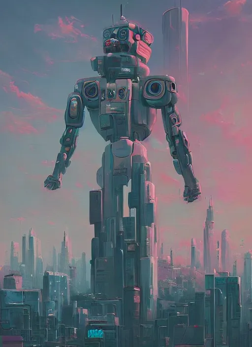 Image similar to a painting of a giant robot standing in front of a city, cyberpunk art by beeple art by james jean, behance contest winner, nuclear art, dystopian art, apocalypse art, sci - fi