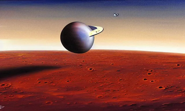 Image similar to a realistic painting of a spaceship in the orbit of mars by john jude palencar