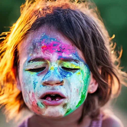 Prompt: 100mm bokeh realistic outdoors photo of a child with various vivid colors of pain smeared on their face, eyes closed, sunset behind them, HDR cinematic lens