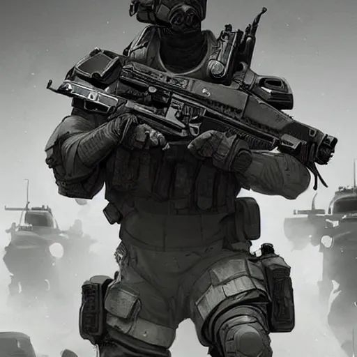 Prompt: Mercenary Special Forces in grey uniforms with black armored vests dying in 2020, by Cedric Peyravernay, highly detailed, excellent composition, cinematic concept art, dramatic lighting, trending on ArtStation