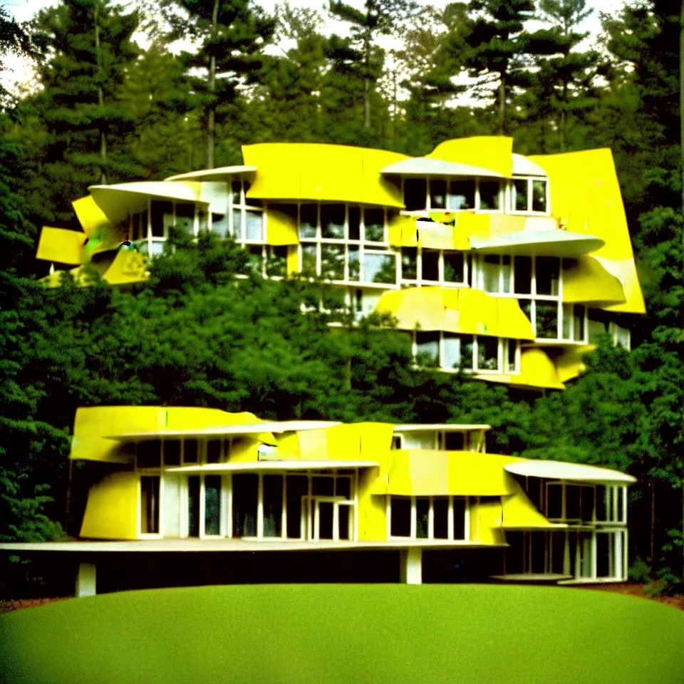 Prompt: a flat horizontal mid-century modern house with big tiles in a forest, designed by Frank Gehry. Film grain, cinematic, yellow hue