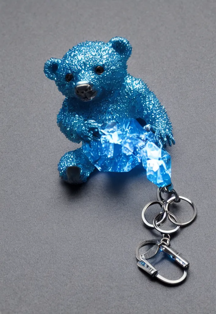 Image similar to a small blue crystal bear keychain by greg rutkowski, sung choi, mitchell mohrhauser, maciej kuciara, johnson ting, maxim verehin, peter konig, 8 k photorealistic, cinematic lighting, hd, high details, dramatic, atmosphereric, trending on artstation