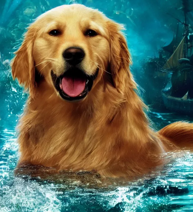 Image similar to a golden retriever as a mermaid in pirates of the caribbean, movie still frame, hd, remastered, movie grain, cinematic lighting