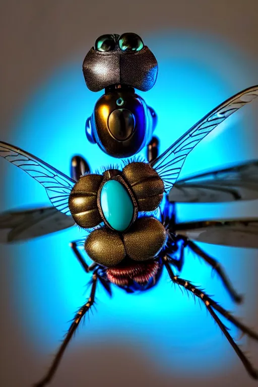 Image similar to high quality macro robot metallic tachinid fly! gorgeous highly detailed hannah yata elson peter cinematic turquoise lighting high quality low angle hd 8k sharp shallow depth of field