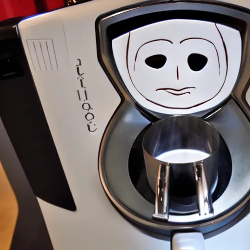Prompt: face on a humanoid coffee machine
