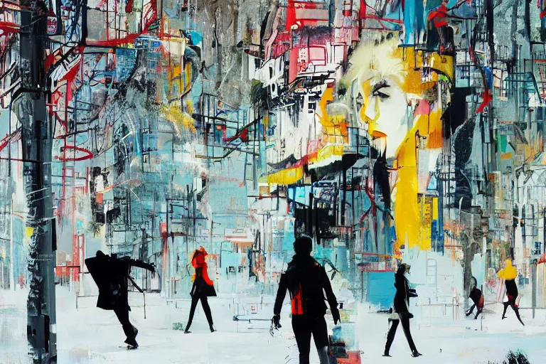 Image similar to winter, walls by john berkey, covered in graphitti of a winter goddess by banksy, basquiat, cleon peterson, dramatic cinematic lighting, manicured solarpunk greenery, high fashion futuristic people walk past