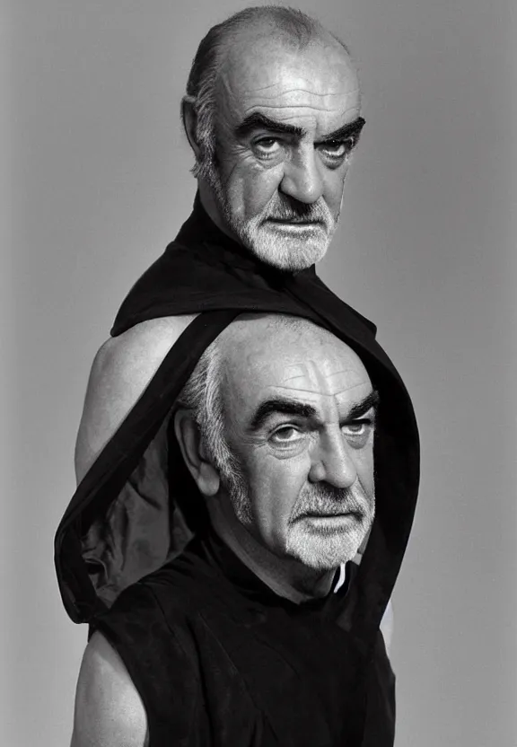 Prompt: The full figure studio portrait is of the actor sean connery. His skin is pale and wrinkled, his eyes are red rimmed and sunken. He is wearing the robes of the imperial emperor from star wars above the red leather mankini from the film zardoz and He has a thick black moustache and a long plait of hair. by Mark Mann and Steve McCurry. Nikon D850. Sigma 85mm F1.4 DG HSM A. Aperture f/3.5. Shutter speed 1/60. ISO 1600