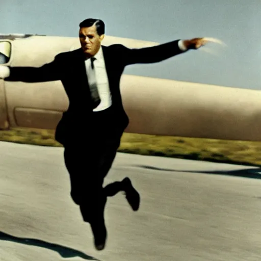 Prompt: cary grant as roger o. thornhill from north by northwest running from a flying biplane. cinematic, 5 0 mm with a close up on cary grant face