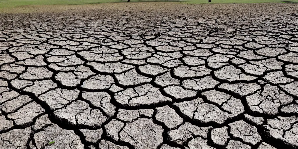 Image similar to Parched ground on Hampstead Heath. walking with aunt, cracks in ground, drought, blue sky, photorealistic