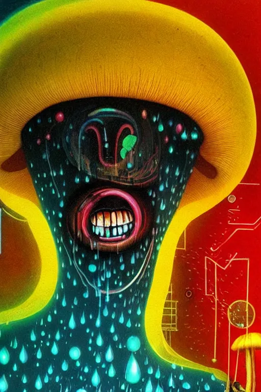 Image similar to 8 0 s art deco close up portait of mushroom head with big mouth surrounded by spheres, rain like a dream oil painting curvalinear clothing cinematic dramatic cyberpunk fluid lines otherworldly vaporwave interesting details epic composition by basquiat artgerm