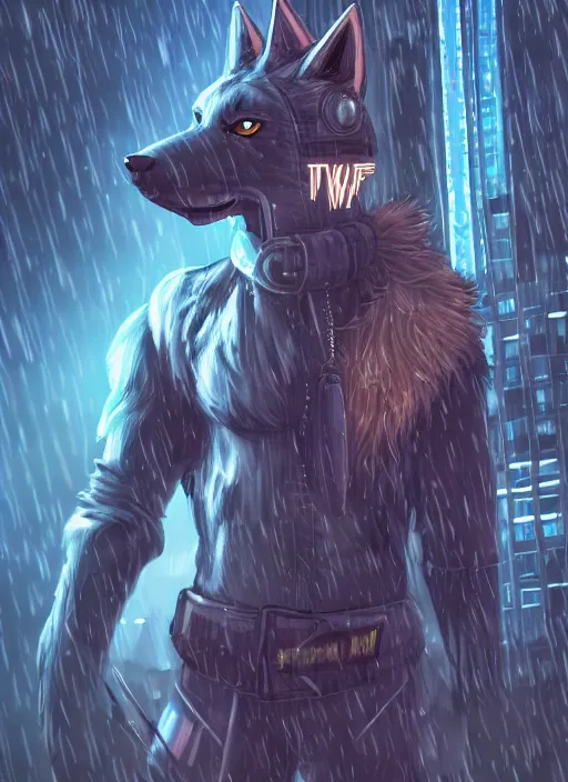 Prompt: character portrait of a male muscular anthro wolf fursona with a tail and a cute beautiful attractive detailed furry face wearing stylish cyberpunk clothes in a cyberpunk city at night while it rains. color page, tankoban, 4K, tone mapping. Nomax, Kenket, Rukis.