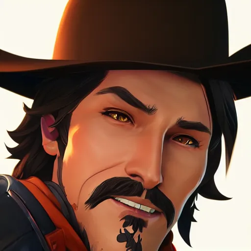 Image similar to a portrait of mccree from overwatch, closeup, art by lois van baarle and loish and ross tran and rossdraws and sam yang and samdoesarts and artgerm and saruei and disney, digital art, highly detailed, intricate, sharp focus, trending on artstation hq, deviantart, unreal engine 5, 4 k uhd image