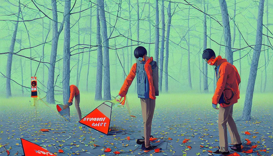 Image similar to safety cones scattered around an oak tree forest, by james jean by ilya kuvshinov kintsugi, hyper detailed surrealist painting