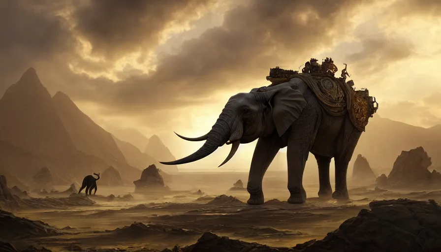 Image similar to a hybrid robot elephant, on socotra island, intricate, elegant action scene, an epic fantasy, artgerm and greg rutkowski and alphonse mucha, an epic fantasy, volumetric light, detailed, establishing shot, an epic fantasy, cinematic, photorealistic, ultrarealistic, trending on art station, octane render