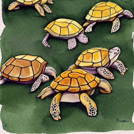 Image similar to Adorable turtles playing at the park in watercolor style