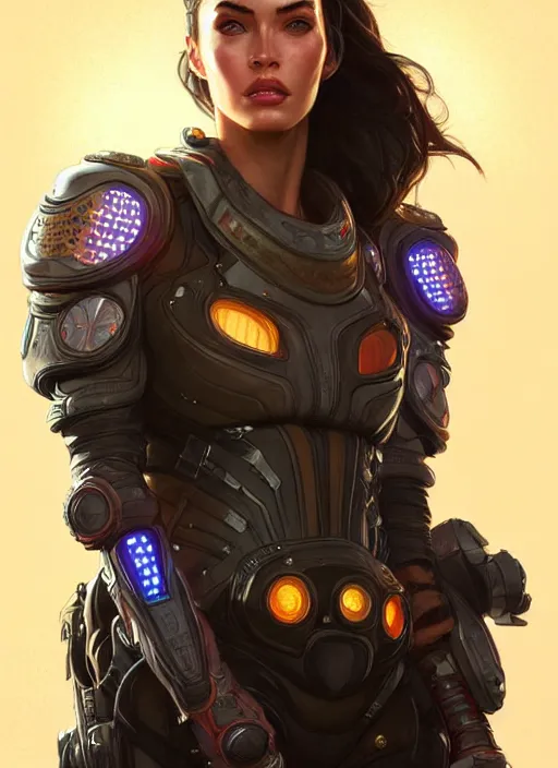 Image similar to portrait of apex legends megan fox, intricate, elegant, glowing lights, highly detailed, digital painting, artstation, glamor pose, concept art, smooth, sharp focus, illustration, art by artgerm and greg rutkowski, artey freytag