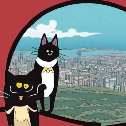 Image similar to an anthropomorphic black cat and pug dog who are in love and holding hands while looking out over a city, Miyazaki, studio ghibli