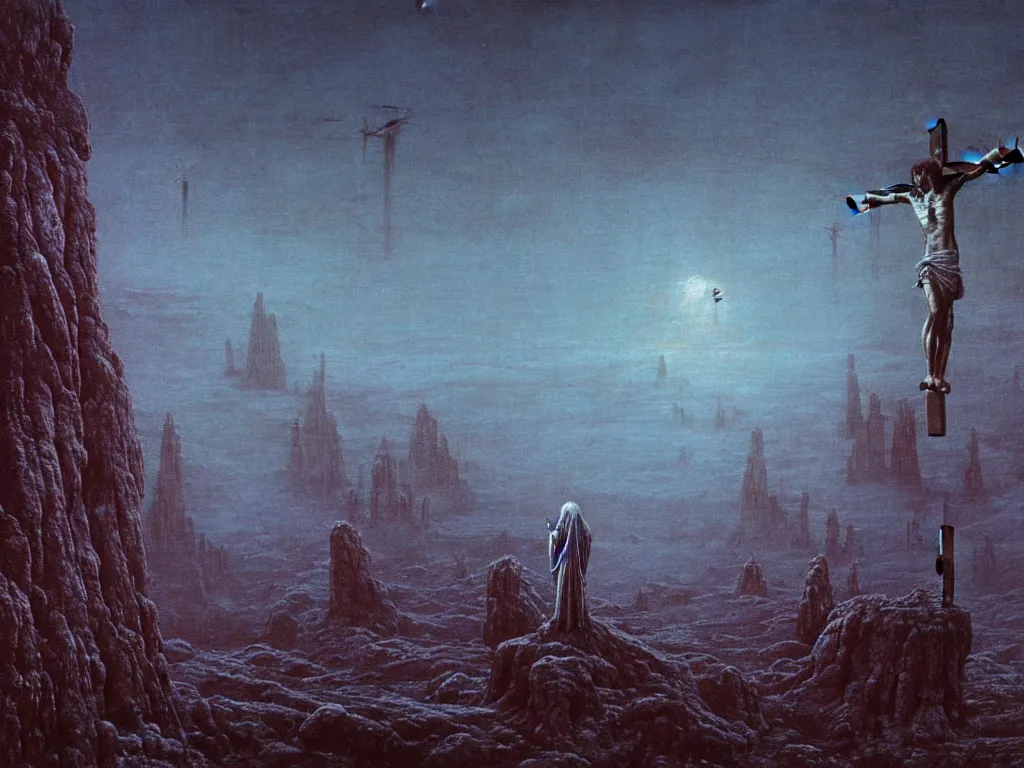 Prompt: jesus christ crucifixion in distance on an alien planet by beksinski, wide angle, beksinski monsters around, fantasy, scary, award winning 8k high detail highly detailed