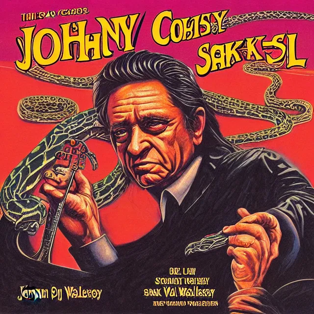 Image similar to album cover for Johnny Cash: The Snake Oil Tapes, album art by Ron Walotsky, snake oil album, snakes, no text