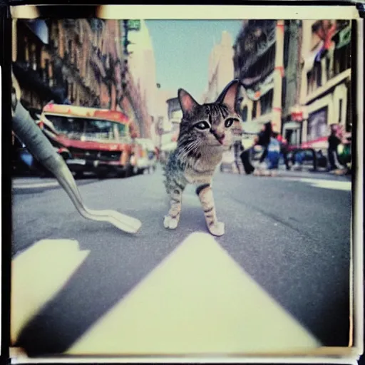 Prompt: go - pro on a cat view, very low - angle, ant's eye view, messy photo of walking in the busy street, polaroid photo, by andy warhol