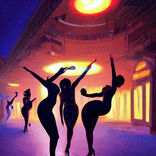 Prompt: silhouettes of voluptuous african women dancing around a glowing, energized, steampunk neon portal during a lightning storm, by ilya kuvshinov, greg rutkowski, loish, rhads, artgerm and justin bua!!!. oil on canvas, detailed and intricate environment, radiant lighting. highly detailed. masterpiece