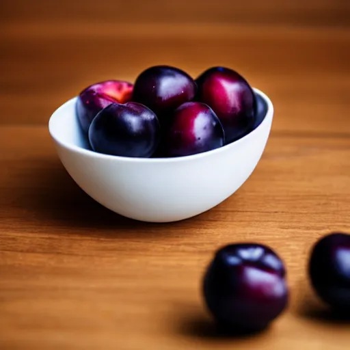 Image similar to photo of a thick porcelain bowl filled with a few moist freshly picked plums on a wooden table. volumetric lighting. 4 k. small scale. realistic.