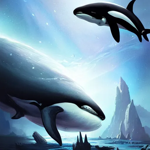 Image similar to space killer whale, epic fantasy style art, space theme, by Greg Rutkowski, hearthstone style art