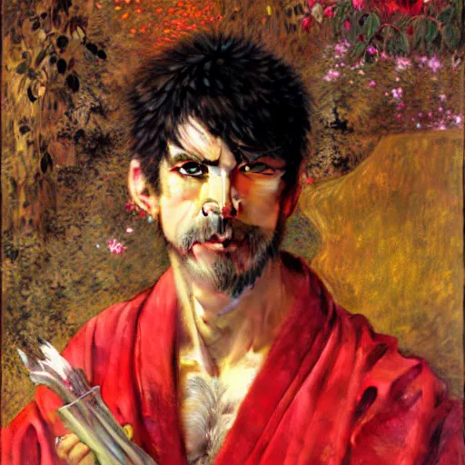 Image similar to a male ninja ratwolfman rat wolf man in a red kimono furry arms furry body. furaffinity furry art detailed face painting by gaston bussiere craig mullins jc leyendecker gustav klimt artgerm greg rutkowski furry