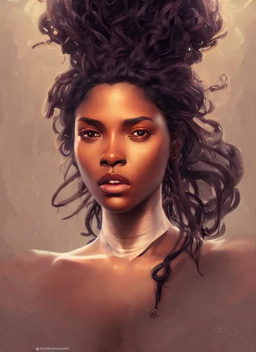 Image similar to portrait of a stunningly beautiful young black woman, highly detailed, digital painting, artstation, concept art, sharp focus, illustration, art by artgerm and greg rutkowski and alphonse mucha, incredibly beautiful and symmetrical face, incredibly detailed, award winning art, royal