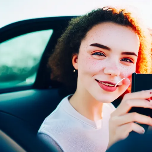 Image similar to a beautiful cute young woman takes a photo of herself, sitting in her car, flushed face, red blush, light freckles, big puffy lips, smiling softly, soft features, 8 k, sharp focus, instagram, portra 4 0 0