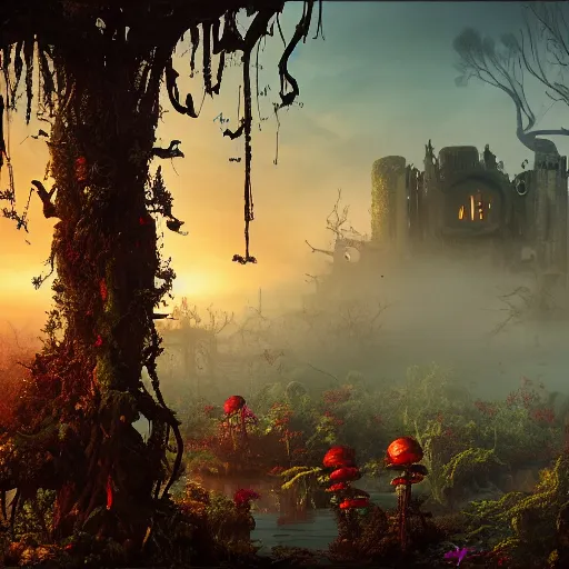 Image similar to An incredibly beautiful but ominous matte painting depicting a profusion of evil carnivorous vines and colorful flowers and lush exotic trees and bloated toadstools, with horrifying huge burning eyes and jagged bloody teeth, overgrowing a desolate ruins submerged in fog beneath the setting sun, nvidia, vray, evening, epic scale