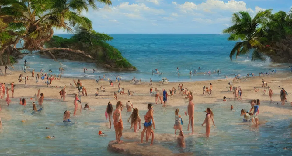 Prompt: beach with many people swiming, digital oil painting, 8k, trading on artstation