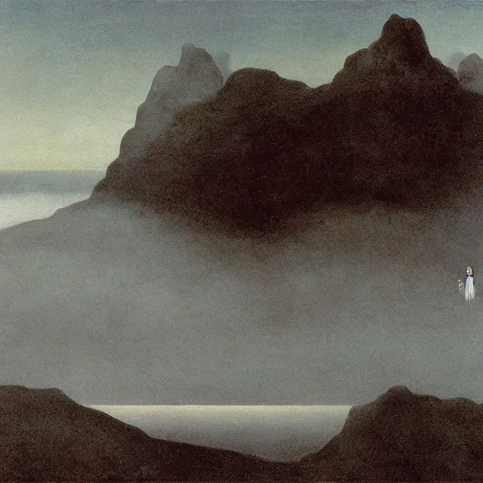 Prompt: shy mountain summit taking a peek through the clouds, fog, with curious eyes. floating spirit in transparent nightgown. painting by caspar david friedrich, yves tanguy, jean delville, rene magritte, max ernst, monet