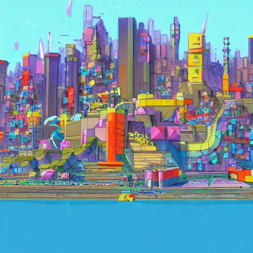Image similar to futuristic city on a mountainside, red - yellow - blue buildings, city, q - bert blocks, colorful blocks on hillside, 3 d blocks, cel - shaded, raytracing, cel - shading, toon - shading, 2 0 0 1 anime, flcl, jet set radio future, drawn by artgerm